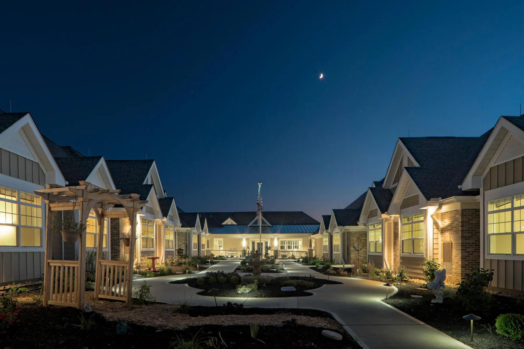 A neighborhood section of the Ohio Eastern Star campus lit up at night