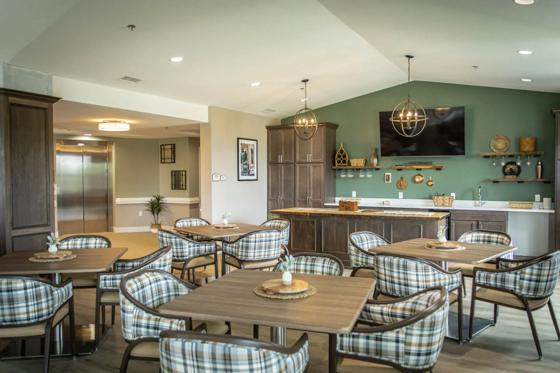A bistro-style senior dining room with tables set