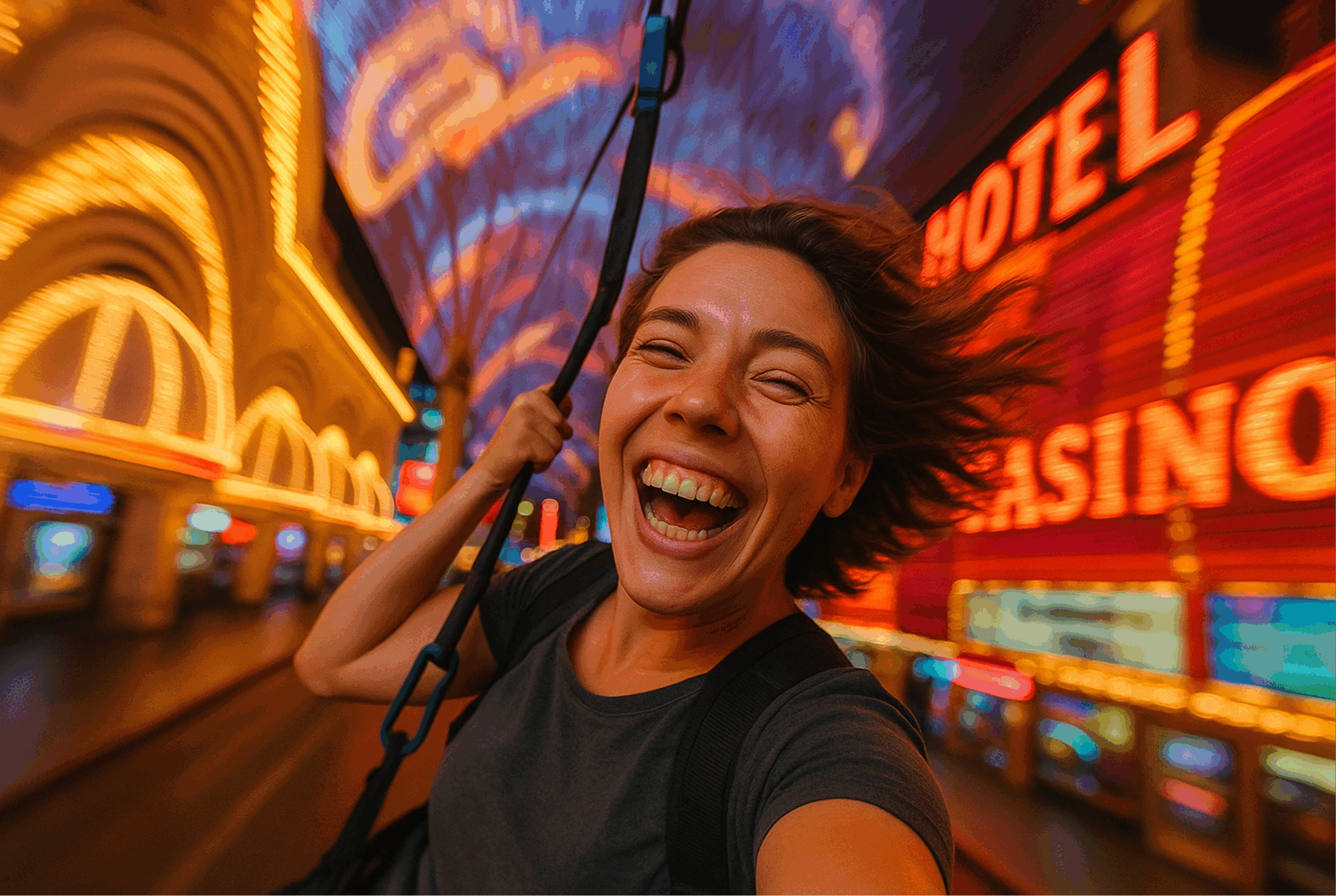SlotZilla zipline riders soaring above Fremont Street Experience