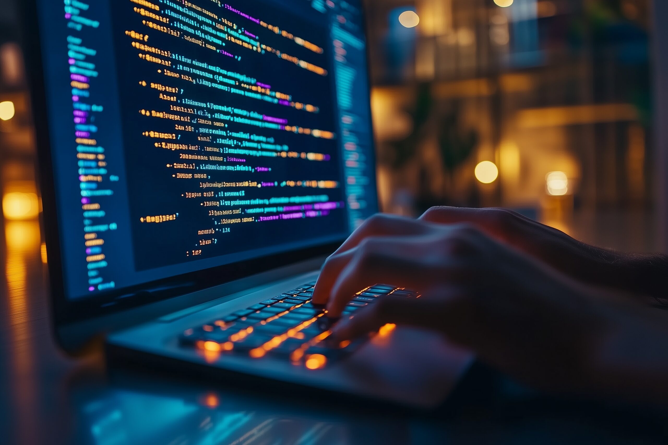 A person typing on a laptop displaying code